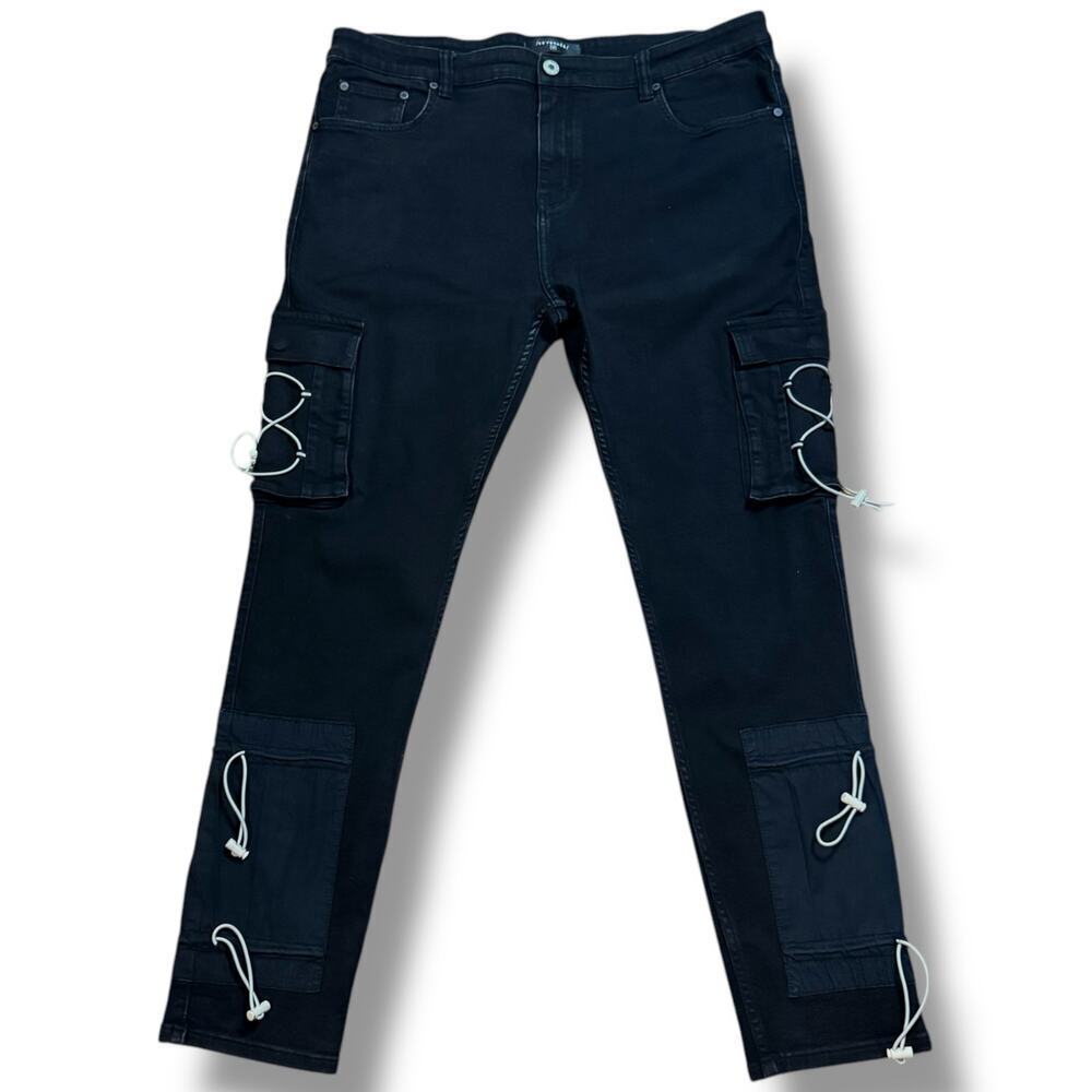 Serenede Cargo Jeans Mens Black Zip Stretch Chord Multi Pocket Streetwear Sz 42